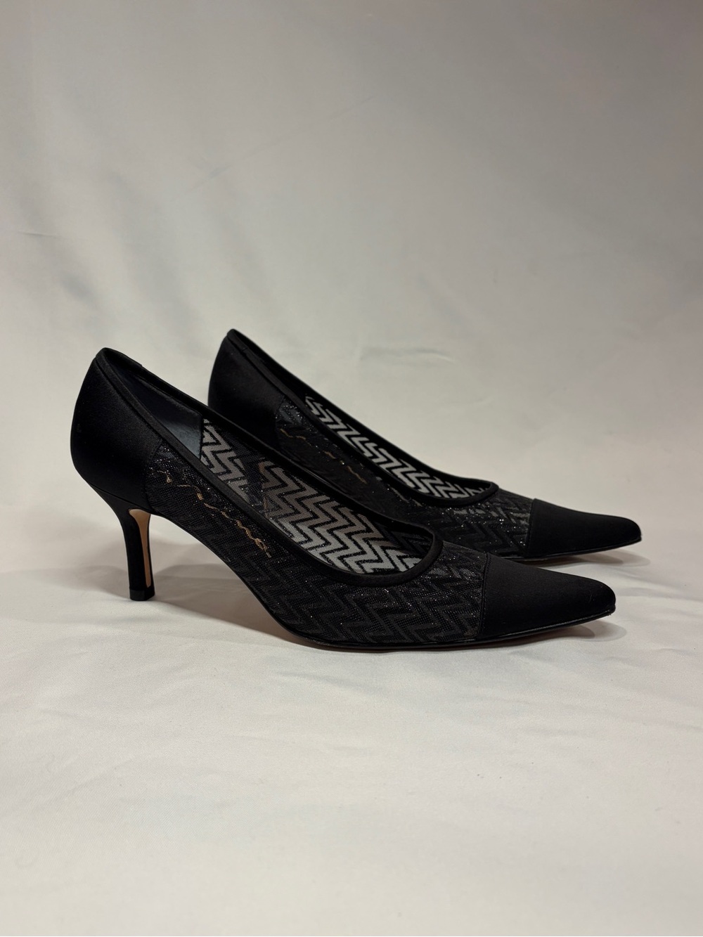 Nina Black Satin & Sparkly Mesh Kitten Heels